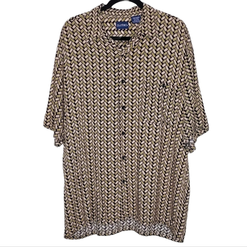 Puritan Herringbone Print Button Down Short Sleeve Shirt Size Large